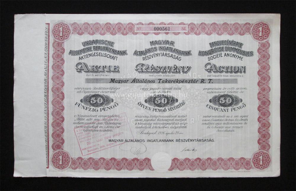 Magyar Általános Ingatlanbank részvény 50 pengő 1926